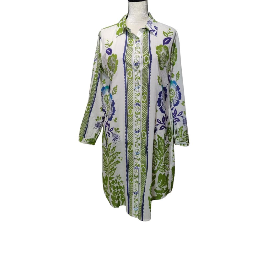 Haute Hippie Sz XS Green White Long Sleeve Floral Button Front Shirt Dress
